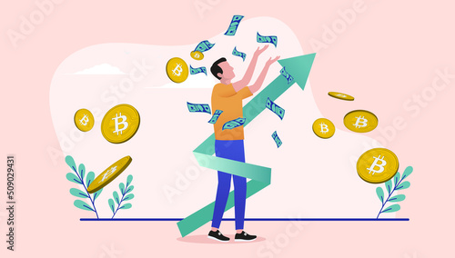 Successful Bitcoin investor - Man making money investing in crypto currencies, throwing cash in air and green arrow pointing up. Flat design vector illustration