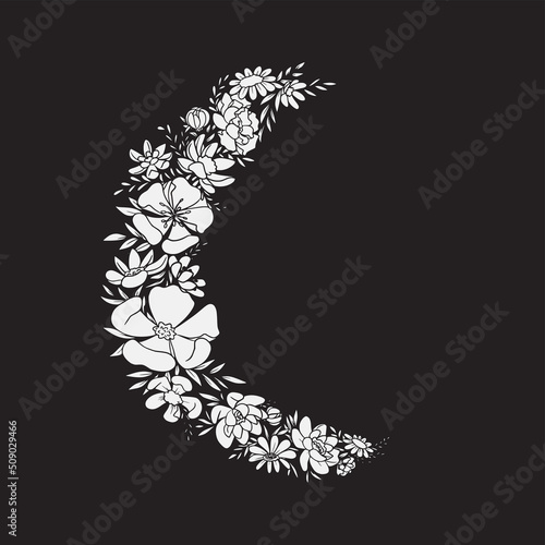Graphic illustration, Line art of flower moon, Vector drawings of stars for clothes.