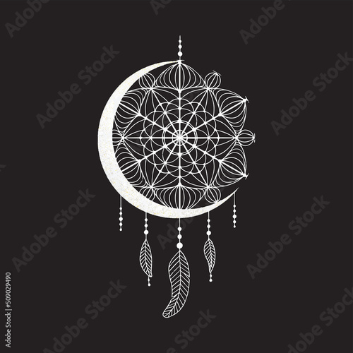 Graphic illustration, Textural art of a dream catcher on the moon, Vector drawings of stars for clothes, etc.