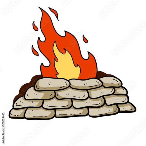 Barricade on fire. Flames in sandbag fortification. Modern warfare. War and assault. Destruction and annihilation.