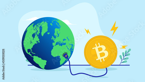 Bitcoin global energy use - Cryptocurrency coin consuming power from earth. Environmental problem concept. Flat design vector illustration