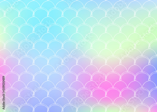 Holographic mermaid background with gradient scales.