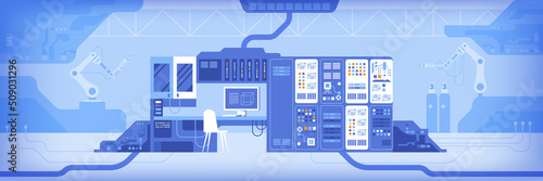 Control point and computer screens in server room. Flat color vector illustration. Data center equipment. Digital technology industry 2D simple cartoon objects in interior with machinery on background