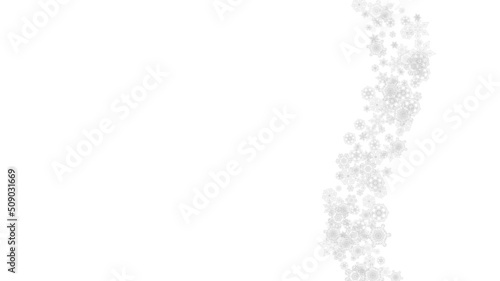 Snowflakes falling on white background. Horizontal Christmas and Happy New Year theme. Silver falling snowflakes for banner, gift card, party invitation, partner compliment and special business offers
