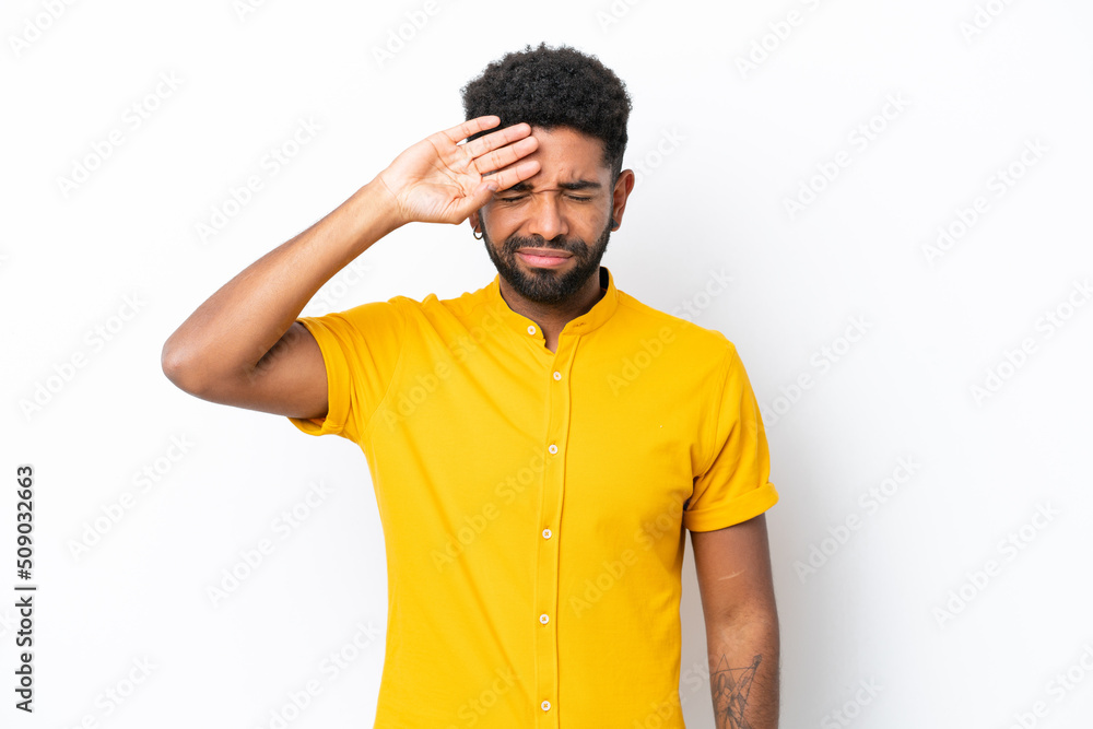 Young Brazilian man isolated on white background with tired and sick expression Young Brazilian man isolated on white background with tired and sick expression
