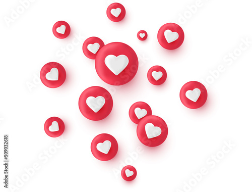 3d render like icon set. Social media bubble with heart. Love element. Comment button. Share tag. Notice people. Chat text. Speech communicate. Notification label. Emoji reaction.Vector illustration