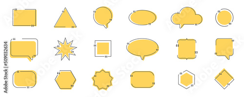 Quotte bubble set. Line text frame. Textbox template. Quotation title banner. Social media chat. Headline speech border. Reference note information. Business talk idea. Blog form. Vector illustration