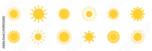 Sun icon set. Summer sunny shape. Star symbol. Sunbeam silhouette. Temperature logo. Sunlight symbol. Sunrise light. Nature background. App solar design element. Summer ray. Vector illustration