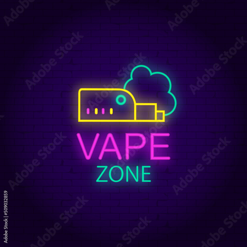 Zone vape shop neon sign electronic cigarette on brick wall background. Vector illustration in neon style for smoking or vape shops, retail stores EPS