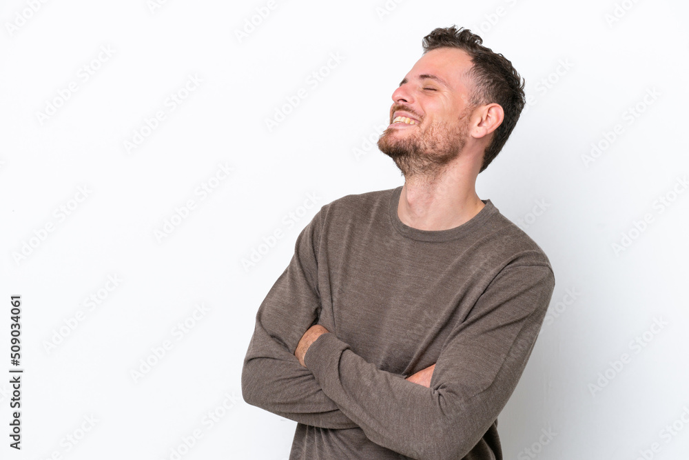 Young Brazilian man isolated on white background happy and smiling Young Brazilian man isolated on white background happy and smiling