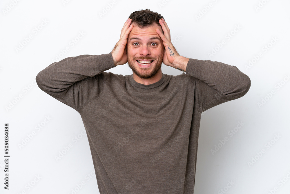 Young Brazilian man isolated on white background doing nervous gesture Young Brazilian man isolated on white background doing nervous gesture