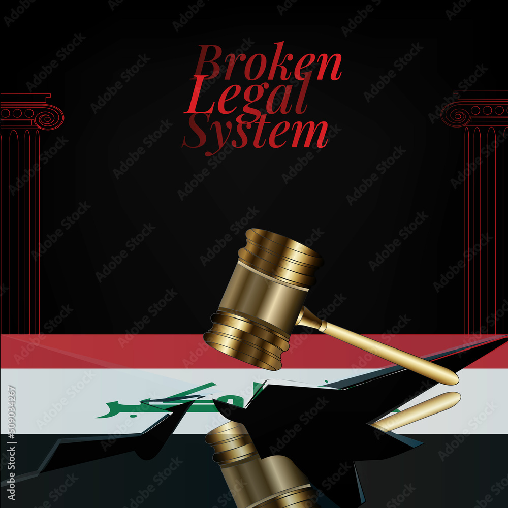 Iraq's broken legal system concept art.Flag of Iraq and a gavel.