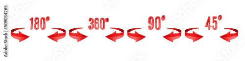 Red glossy 3D curve arrows and rotation angle degrees sing. Arrow vector icon set. 3d vector icon.