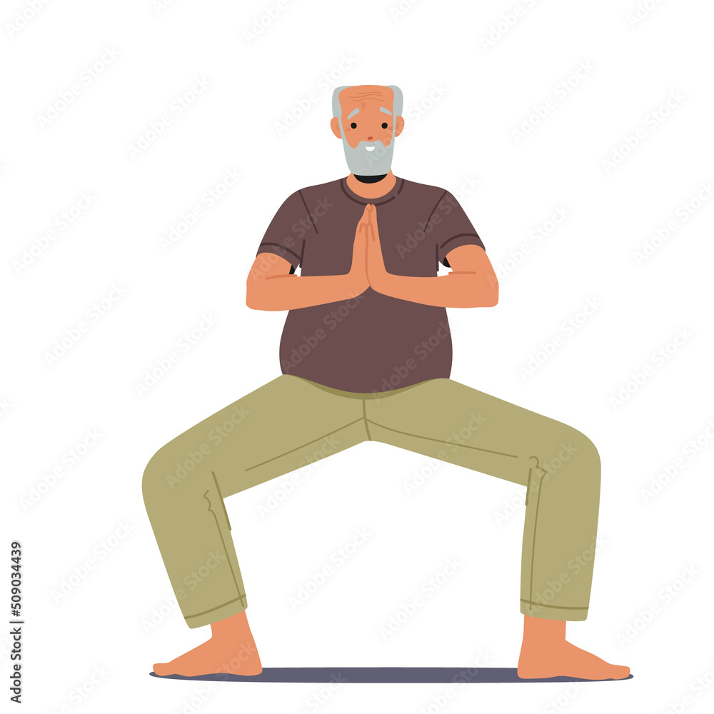 Elderly Character Stand with Joined Palms in Yoga Asana Pose Isolated on White Background. Old Man Training, Meditation