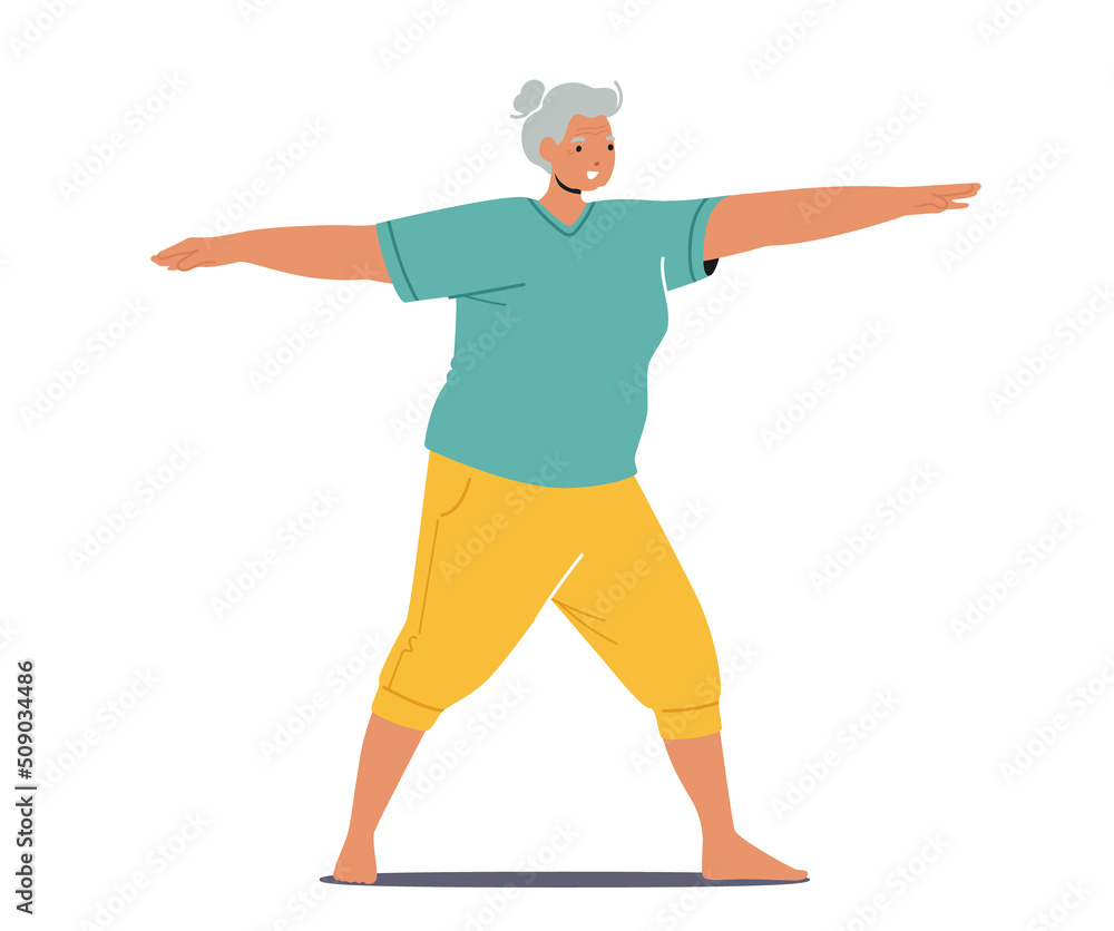 Old Woman Healthy Sport Life, Aerobics or Pilates Workout Training Class. Senior Female Character in Sports Wear Fitness