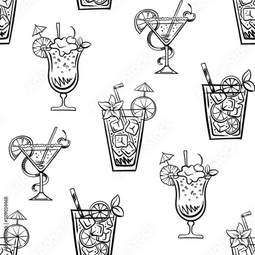 beach drinks. seamless pattern with cocktails. linear drawing. line graphics on a white background.