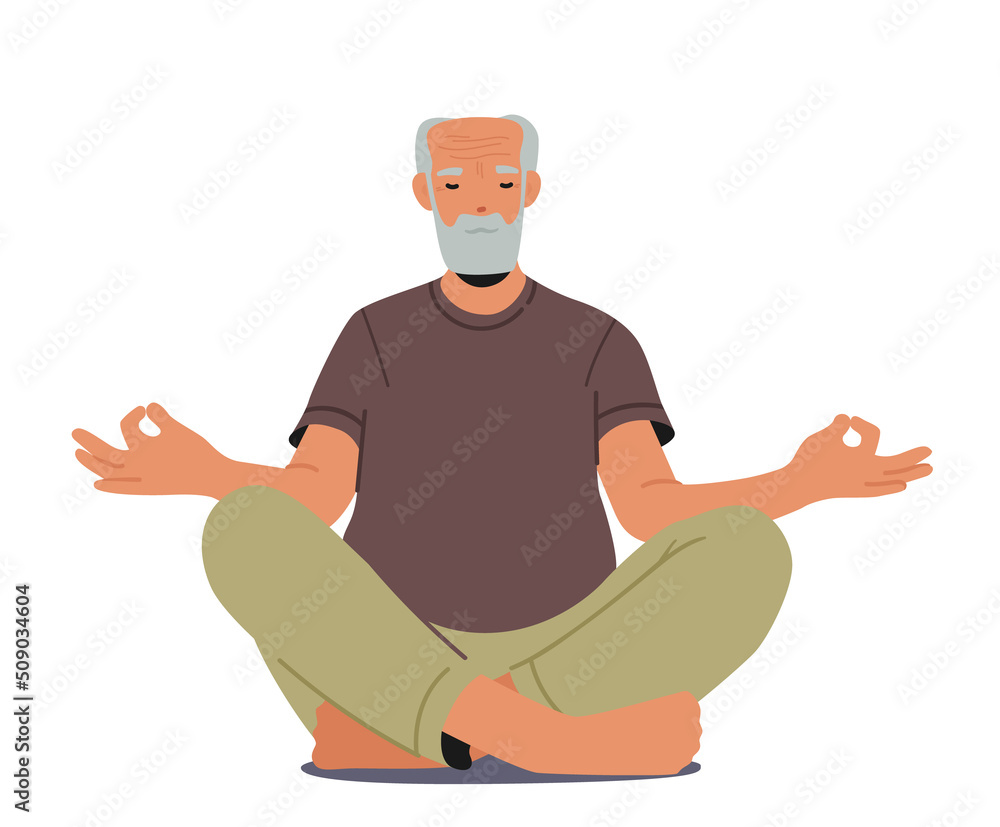 Naklejka premium Elderly Male Character Meditating in Lotus Pose Isolated on White Background. Old Man Yoga, Healthy Lifestyle, Relax