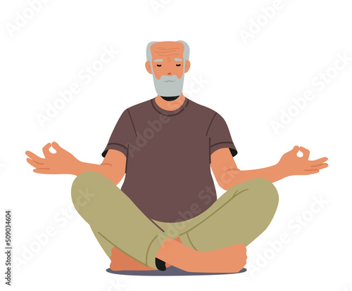 Elderly Male Character Meditating in Lotus Pose Isolated on White Background. Old Man Yoga, Healthy Lifestyle, Relax