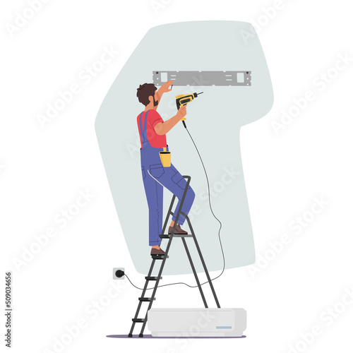 Air Conditioner Installation, Maintenance Service, Cooling System Concept. Young Specialist Install Air Conditioners