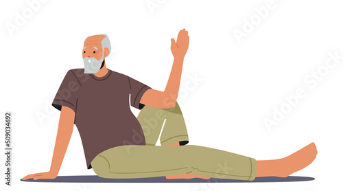 Elderly Male Character Sitting on Floor in Yoga Asana. Old Man Wearing Sports Wear Training, Doing Practice, Active Life