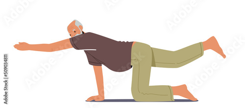 Elderly Male Character Stretching, Pilates Practice or Yoga Exercises. Isolated Senior Man Fitness, Sport and Healthy Lifestyle