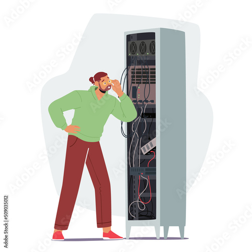 Sysadmin Male Character Repairing and Adjusting Network Connection. System Administrator Working With Server Rack