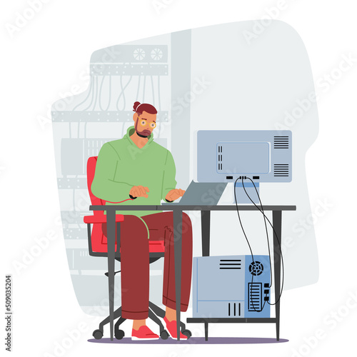 Male Character Working With Big Data and Tech Information on Laptop. System Administrator Setting Software