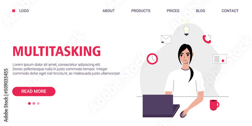 Multitasking woman concept flat. Landing page template. Young woman working on a computer. Vector illustration in flat style.