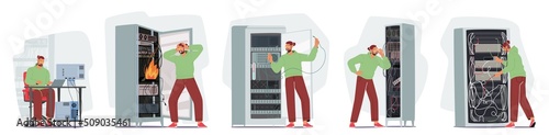Set of Young Male Sysadmin Character Working on Computer, Doing Technical Work With Server Rack. Networks Maintenance