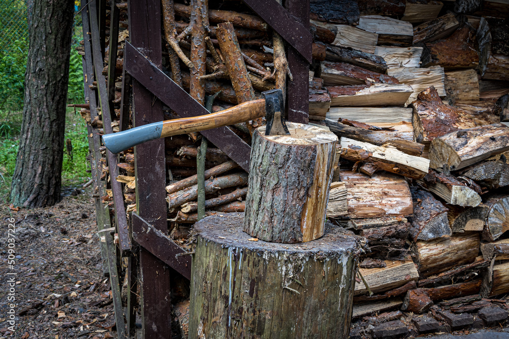 An axe driven into a stump. Preparing firewood. Chopping wood on a stump. An axe driven into a stump. Preparing firewood. Chopping wood on a stump.