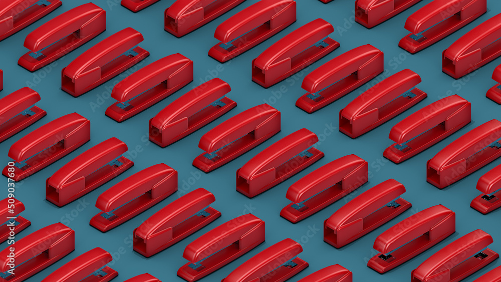 3D Illustration of a Pattern of Red Staplers Isolated on Isometric Blue Background. Office Product Concept.