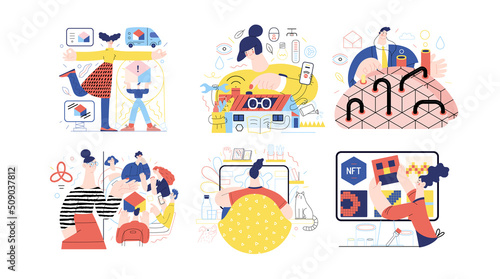Technology Memphis illustrations Marketing and Promotion, Intelligent building, Artificial intelligence, Meet our team, Home Office, NFT non-fungible token. Creative landing web page illustrations set