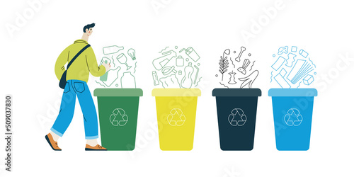 Ecology - Waste sorting -Modern flat vector concept illustration of a young man putting a glass bottle into the garbage container for glass waste. Creative landing web page illustartion photo