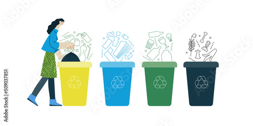 Ecology - Waste sorting -Modern flat vector concept illustration of a young woman putting a trash bag into the garbage container for plastic waste. Creative landing web page illustartion