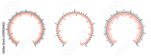 Set of measuring dashboard templates with two round charts. Manometer, barometer, speedometer, pressure meter, tonometer, thermometer, navigator or indicator tool interface. Vector illustration