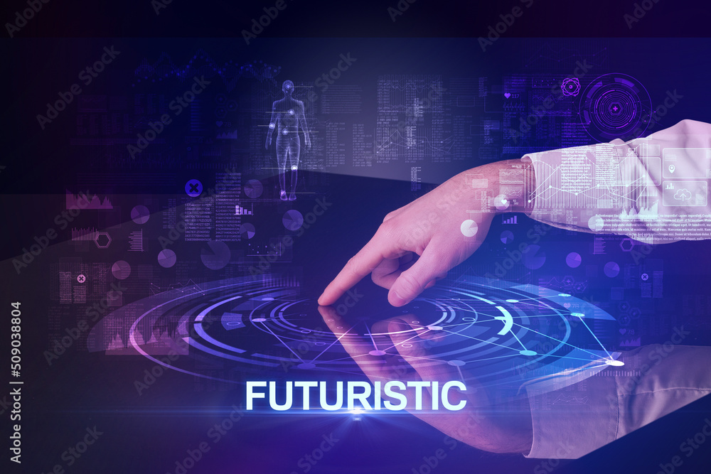 Businessman touching huge display concept Businessman touching huge display concept