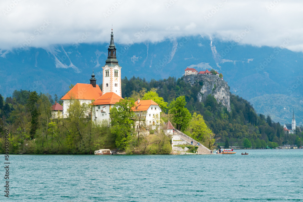 Famous church at lake Bled, Slovenia, in early summer Famous church at lake Bled, Slovenia, in early summer