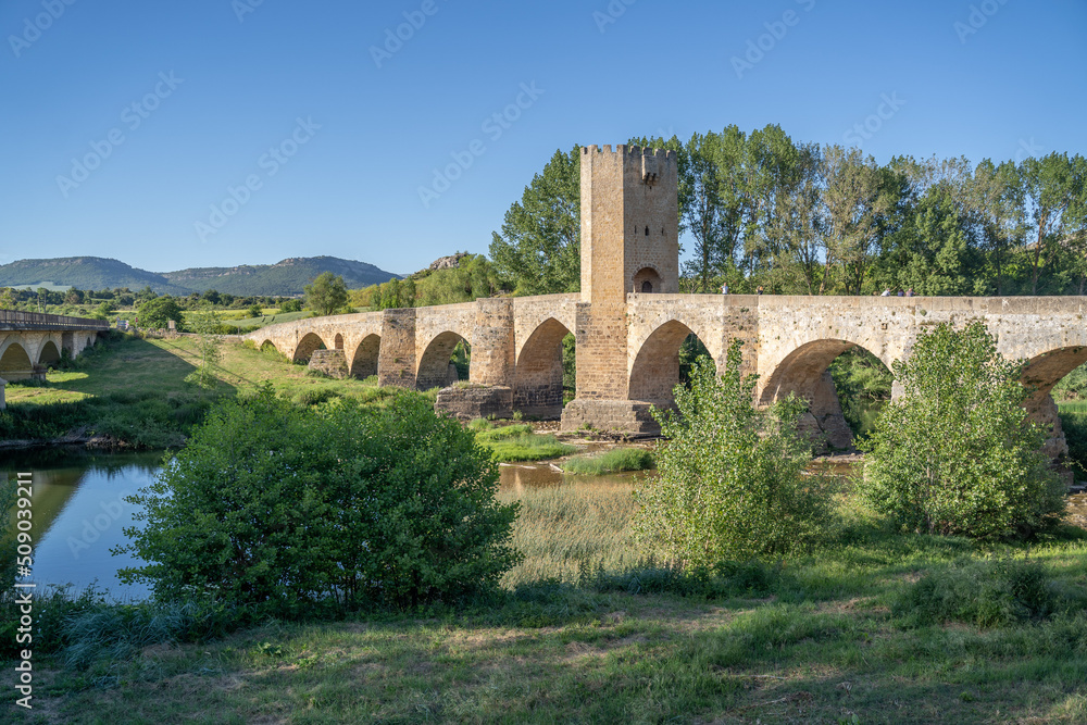 old stone medieval bridge over a river in castilla, Spain
