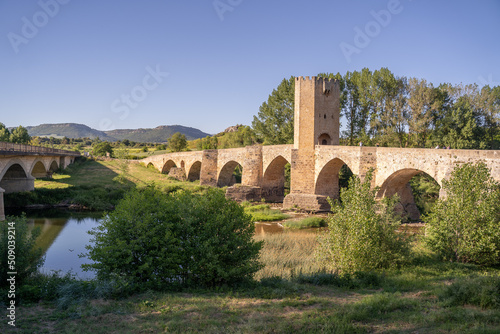 old stone medieval bridge over a river in castilla, Spain