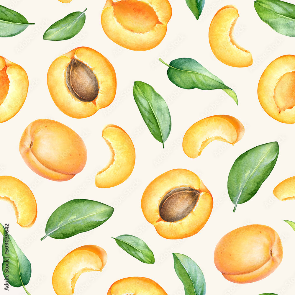 Watercolor seamless pattern with apricot fruits and leaves
