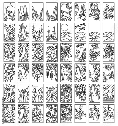 シンプルな花札の線画イラストアイコンセット