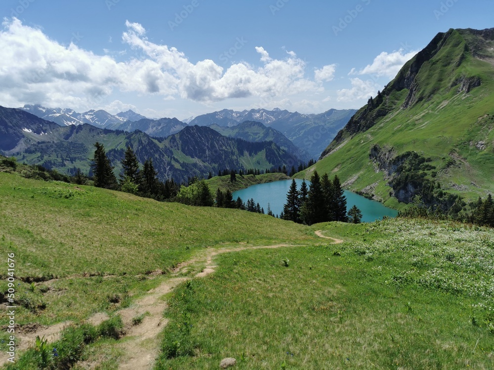 Aerial view of Seealpsee in Germany and the nearby Alps. Sommer time.