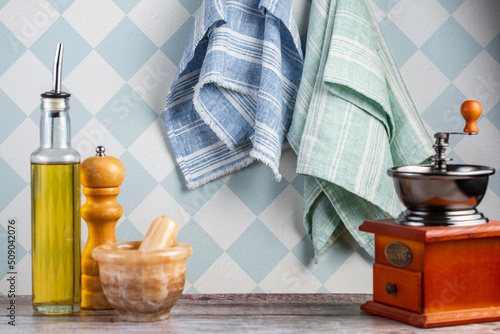 linen towel on the kitchen wall and various accessories