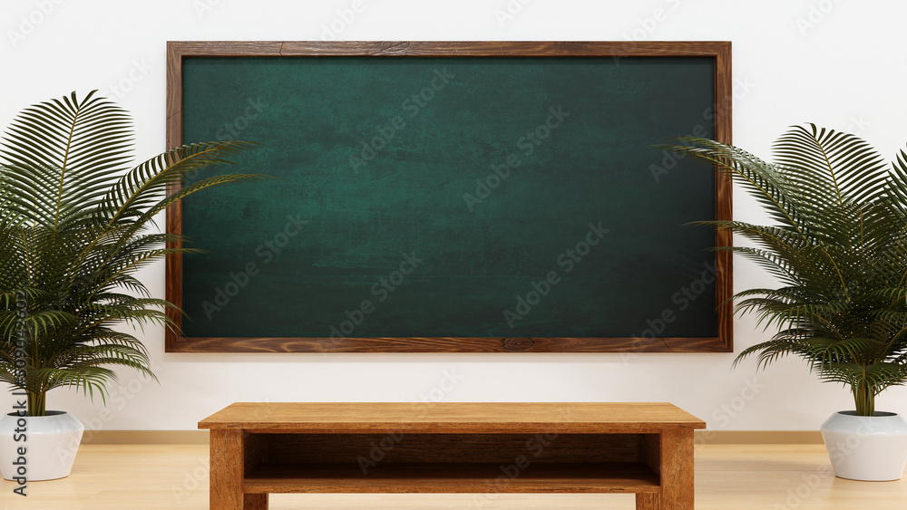 Chalkboard and desk in school classroom, 3D rendering.