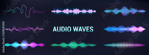 Equalizer music visualisation, sound waves futuristic set. Frequency audio waveform, voice graph, music wave, signal in modern style. Sound recognition. Microphone Voice control. Vector equalizer set