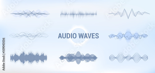 Audio sound wave, Equalizer music visualisation, pulse musical technology in futuristic style. Horizontal Audio equalizer sound, frequency voice graphic. Vector set microphone voice control