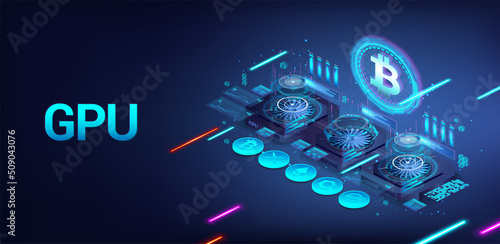 Cryptocurrency mining by Video Graphics Card. GPU for gaming and mining cryptocurrency. Video card with three cooling coolers and HUD. Isometric GPU - gaming, ray tracing, rendering. Vector banner