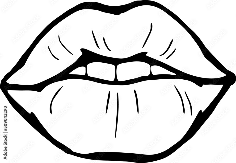 Sexy lips emotions. Beautiful woman mouth line drawing. Isolated