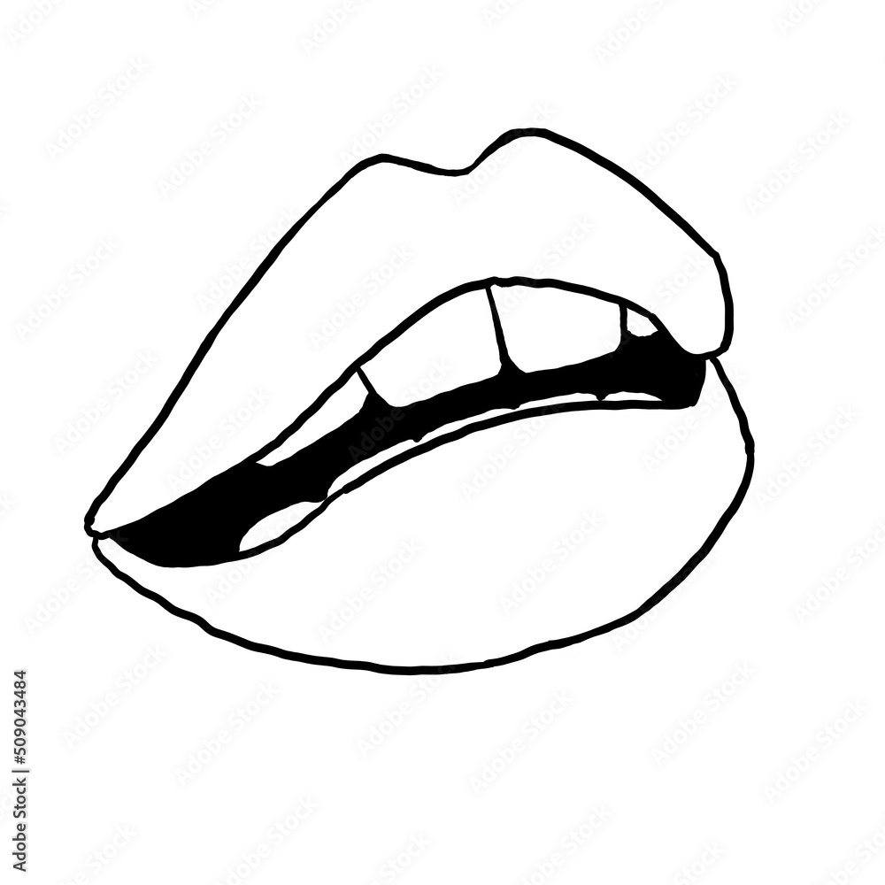 Sexy lips emotions. Beautiful mouth with red lipstick. Isolated fashion illustration. Kissing lips. For cosmetic make up products, beauty salon logo. Hand drawn simple black line style illustration. Sexy lips emotions. Beautiful mouth with red lipstick. Isolated fashion illustration. Kissing lips. For cosmetic make up products, beauty salon logo. Hand drawn simple black line style illustration.