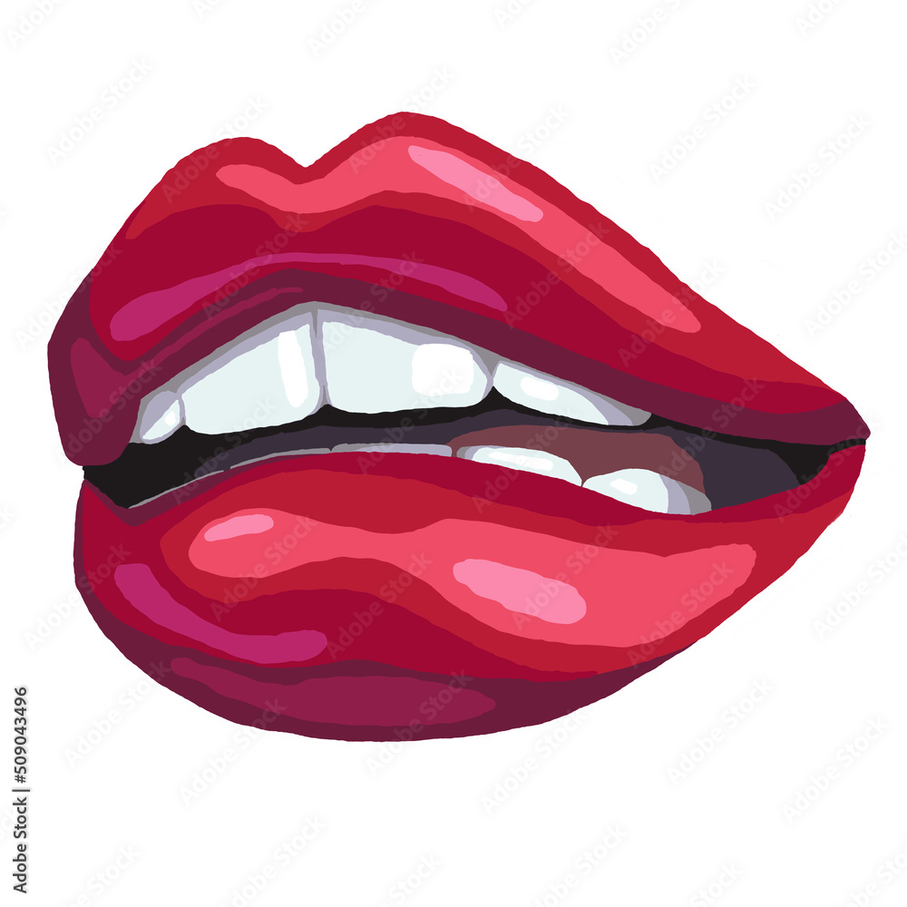 Sexy juicy woman lips with glossy lipstick. Open mouth with beautiful teeth talking, laughing, smiling, kissing. Hand drawn colourful realistic isolated illustration. Comic cartoon style.